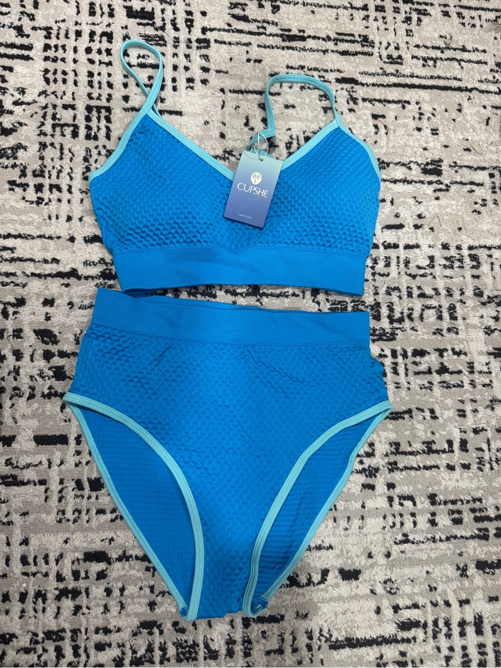CUPSHE Bright Blue Textured Bikini with Light Aqua Trim